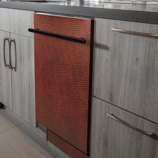 ZLINE 24 in. Top Control Dishwasher with Hand-Hammered Copper Panel and Modern Style Handle, 52dBa (DW-HH-24) built-in to modern grey cabinets in a luxury kitchen.