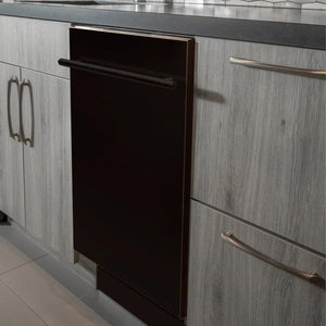 ZLINE 24 in. Top Control Dishwasher with Oil-Rubbed Bronze Panel and Modern Style Handle, 52dBa (DW-ORB-24) built-in to modern grey cabinets in a luxury kitchen.