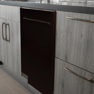 ZLINE 24 in. Top Control Dishwasher with Oil-Rubbed Bronze Panel and Traditional Style Handle, 52dBa (DW-ORB-H-24) built-in to modern grey cabinets in a luxury kitchen.