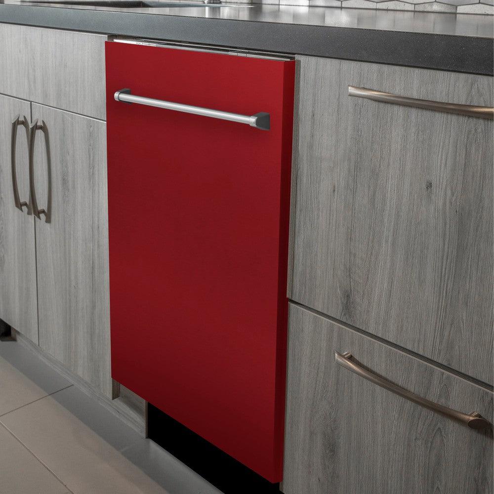 ZLINE 24 in. Top Control Dishwasher with Red Gloss Panel and Traditional Style Handle, 52dBa (DW-RG-24) built-in to modern grey cabinets in a luxury kitchen.