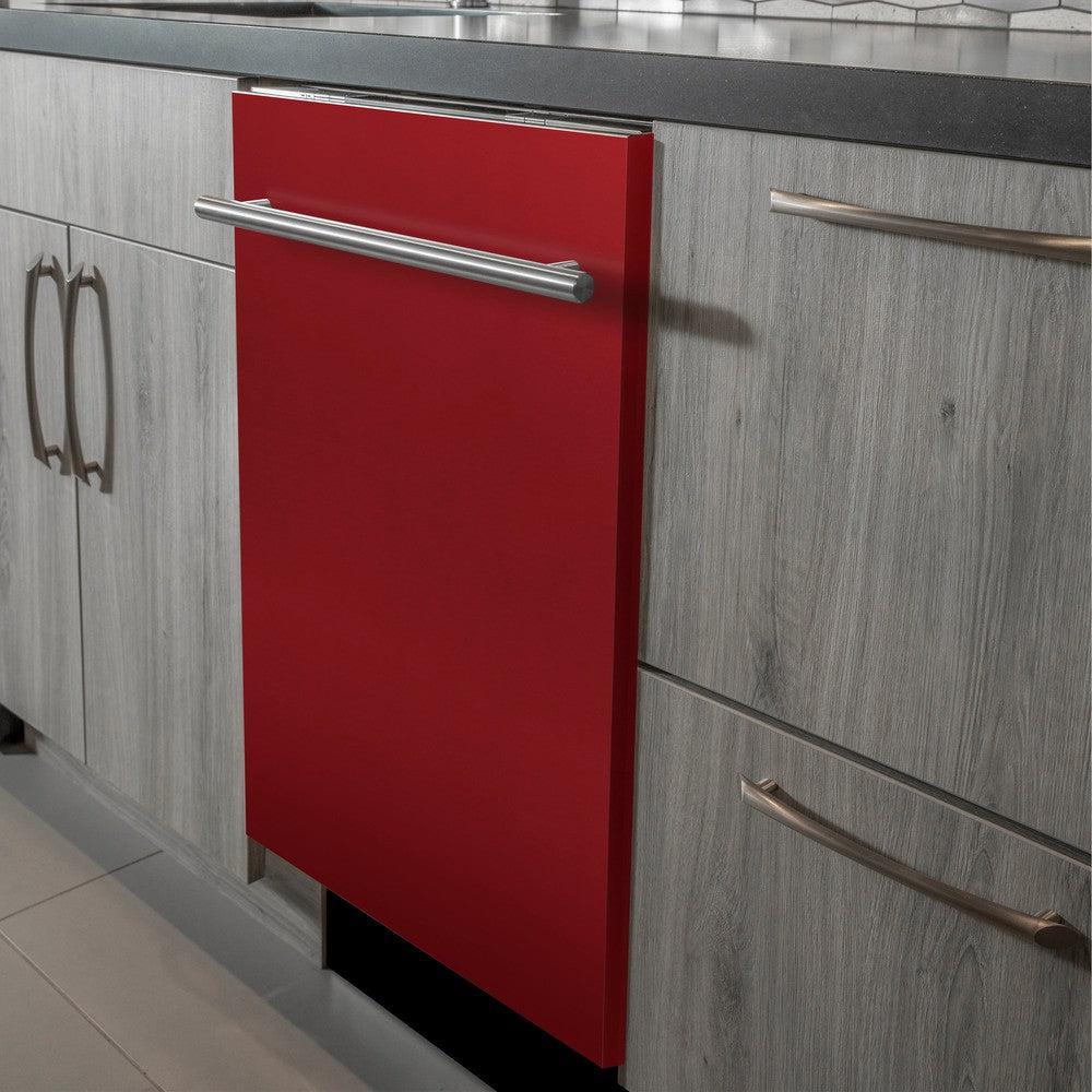 ZLINE 24 in. Top Control Dishwasher with Red Gloss Panel and Modern Style Handle, 52dBa (DW-RG-H-24) built-in to modern grey cabinets in a luxury kitchen.