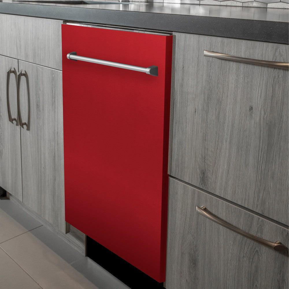 ZLINE 24 in. Top Control Dishwasher with Red Matte Panel and Traditional Style Handle, 52dBa (DW-RM-24) built-in to modern grey cabinets in a luxury kitchen.