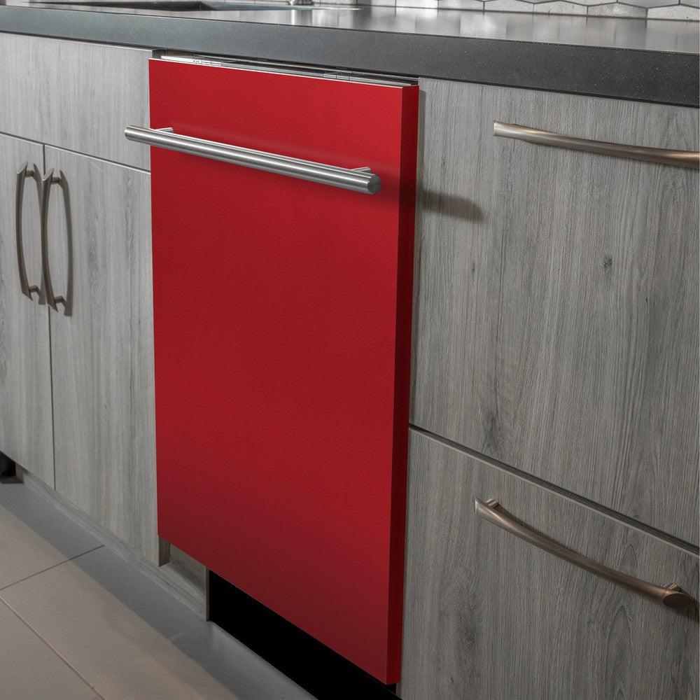 ZLINE 24 in. Top Control Dishwasher with Red Matte Panel and Modern Style Handle, 52dBa (DW-RM-H-24) built-in to modern grey cabinets in a luxury kitchen.