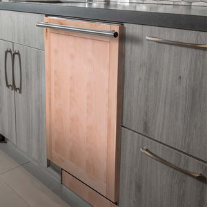 ZLINE 24 in. Top Control Dishwasher with Unfinished Wooden Panel and Modern Style Handle, 52dBa (DW-UF-24) built-in to modern grey cabinets in a luxury kitchen.