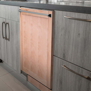 ZLINE 24 in. Top Control Dishwasher with Unfinished Wooden Panel and Traditional Style Handle, 52dBa (DW-UF-H-24) built-in to modern grey cabinets in a luxury kitchen.