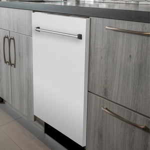 ZLINE 24 in. Top Control Dishwasher with Matte White Panel and Traditional Style Handle, 52dBa (DW-WM-24) built-in to modern grey cabinets in a luxury kitchen.