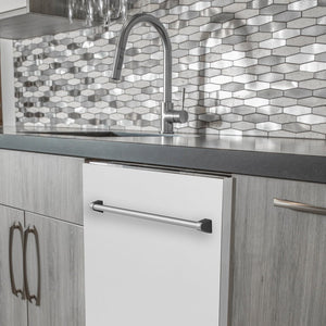ZLINE 24 in. Top Control Dishwasher with Matte White Panel and Traditional Style Handle, 52dBa (DW-WM-24) built-in to modern grey cabinets in a luxury kitchen.