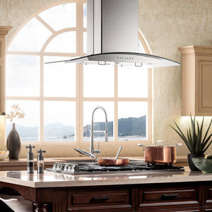 ZLINE Convertible Vent Island Mount Range Hood in Stainless Steel and Glass (GL14i) in a rustic-style kitchen above island.