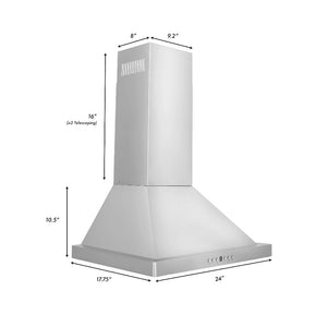 ZLINE Convertible Vent Wall Mount Range Hood in Stainless Steel (KB) dimensional diagram with measurements.