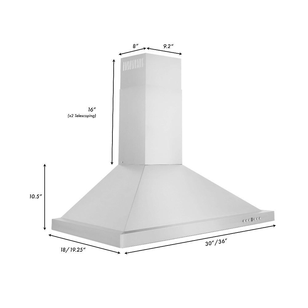 ZLINE Convertible Vent Wall Mount Range Hood in Stainless Steel (KB) dimensional measurements.