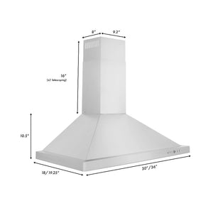 ZLINE Convertible Vent Wall Mount Range Hood in Stainless Steel (KB) dimensional measurements.