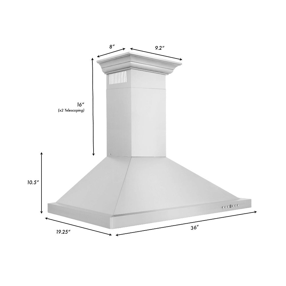 ZLINE Convertible Vent Wall Mount Range Hood in Stainless Steel with Crown Molding (KBCRN) dimensional diagram with measurements.