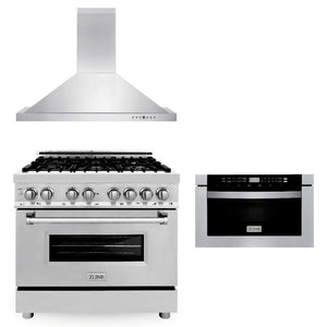 ZLINE 36 in. Kitchen Package with Stainless Steel Dual Fuel Range, Convertible Vent Range Hood and Microwave Drawer (3KP-RARH36-MW) front.