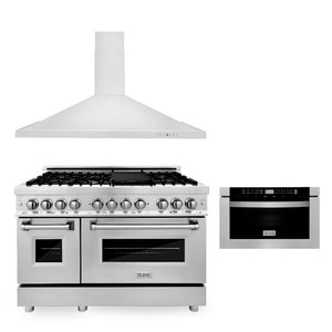 ZLINE 48 in. Kitchen Package with Stainless Steel Dual Fuel Range, Convertible Vent Range Hood and Microwave Drawer (3KP-RARH48-MW) 