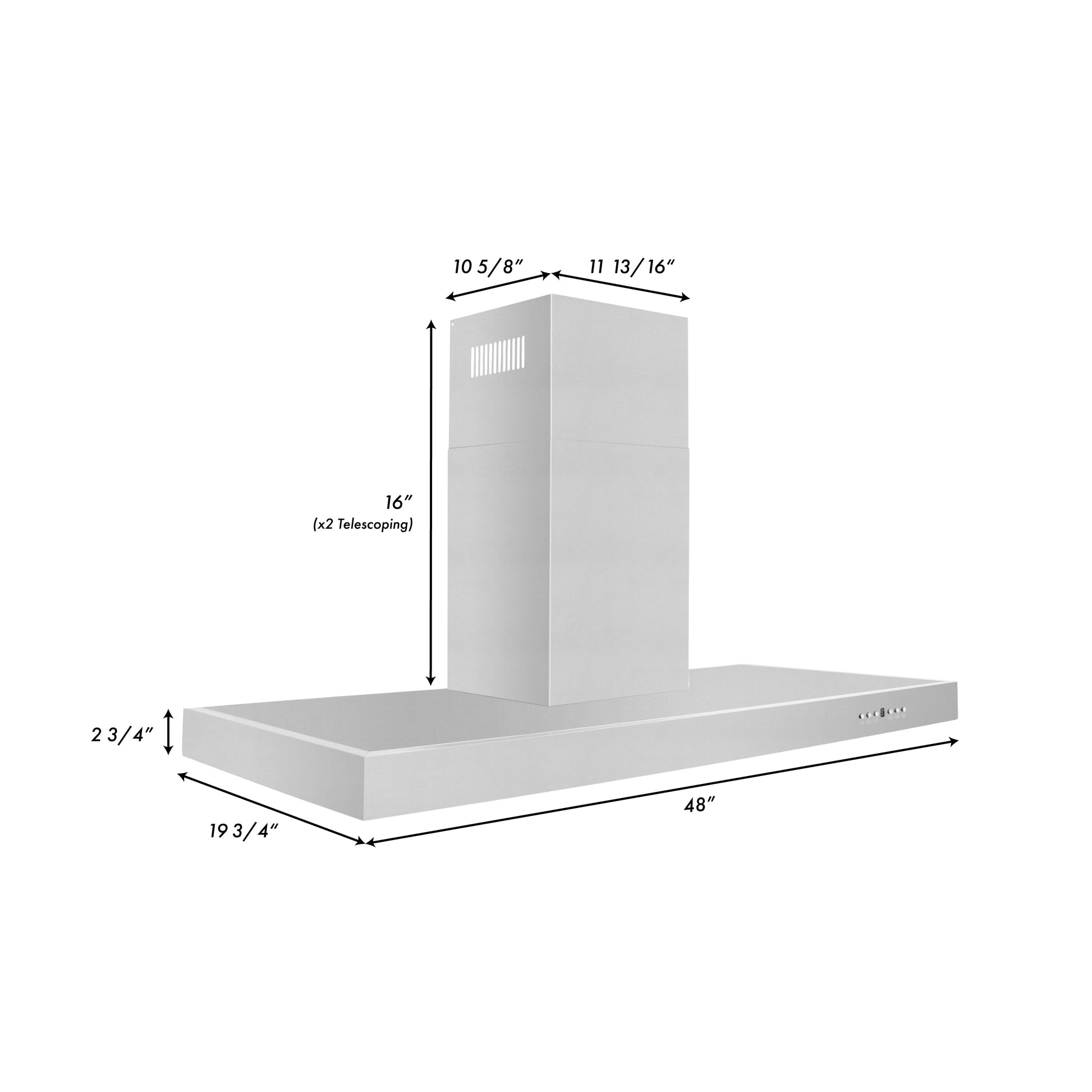 ZLINE Convertible Vent Wall Mount Range Hood in Stainless Steel (KE) dimensional diagram with measurements.