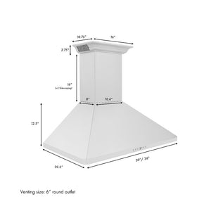 ZLINE Wall Mount Range Hood in Stainless Steel with Built-in ZLINE CrownSound Bluetooth Speakers (KF1CRN-BT) dimensional diagram with measurements.