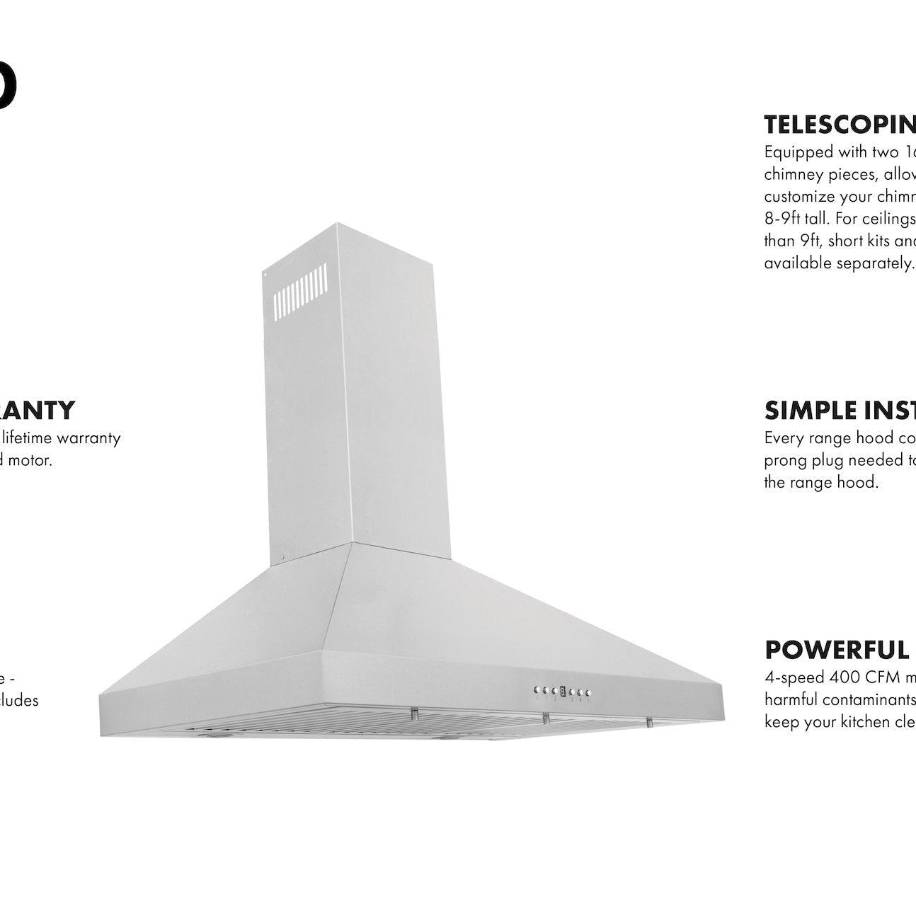 KL3-30 features lifetime warranty, LED lights, telescoping chimney, simple installation, and powerful motor.