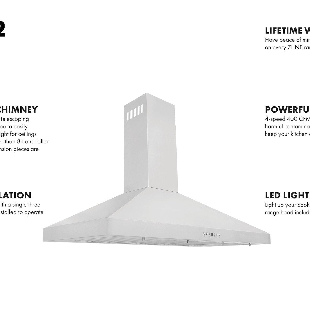 KL3-42 features lifetime warranty, LED lights, telescoping chimney, simple installation, and powerful motor.