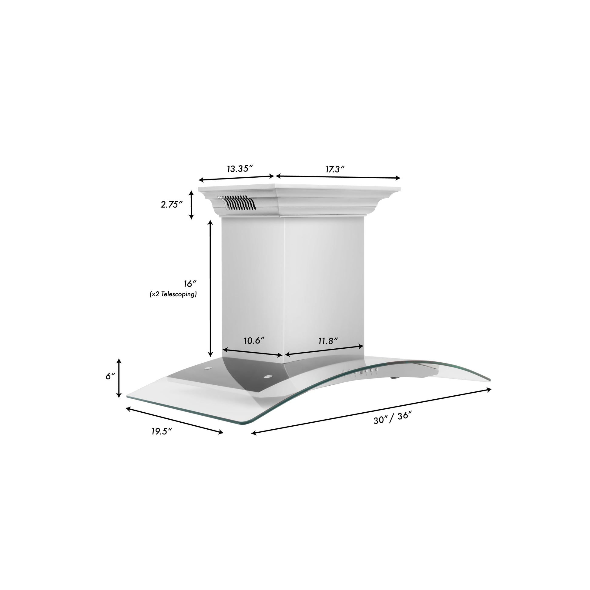 ZLINE Ducted Vent Wall Mount Range Hood in Stainless Steel with Built-in ZLINE CrownSound Bluetooth Speakers (KN4CRN-BT) dimensional diagram with measurements.