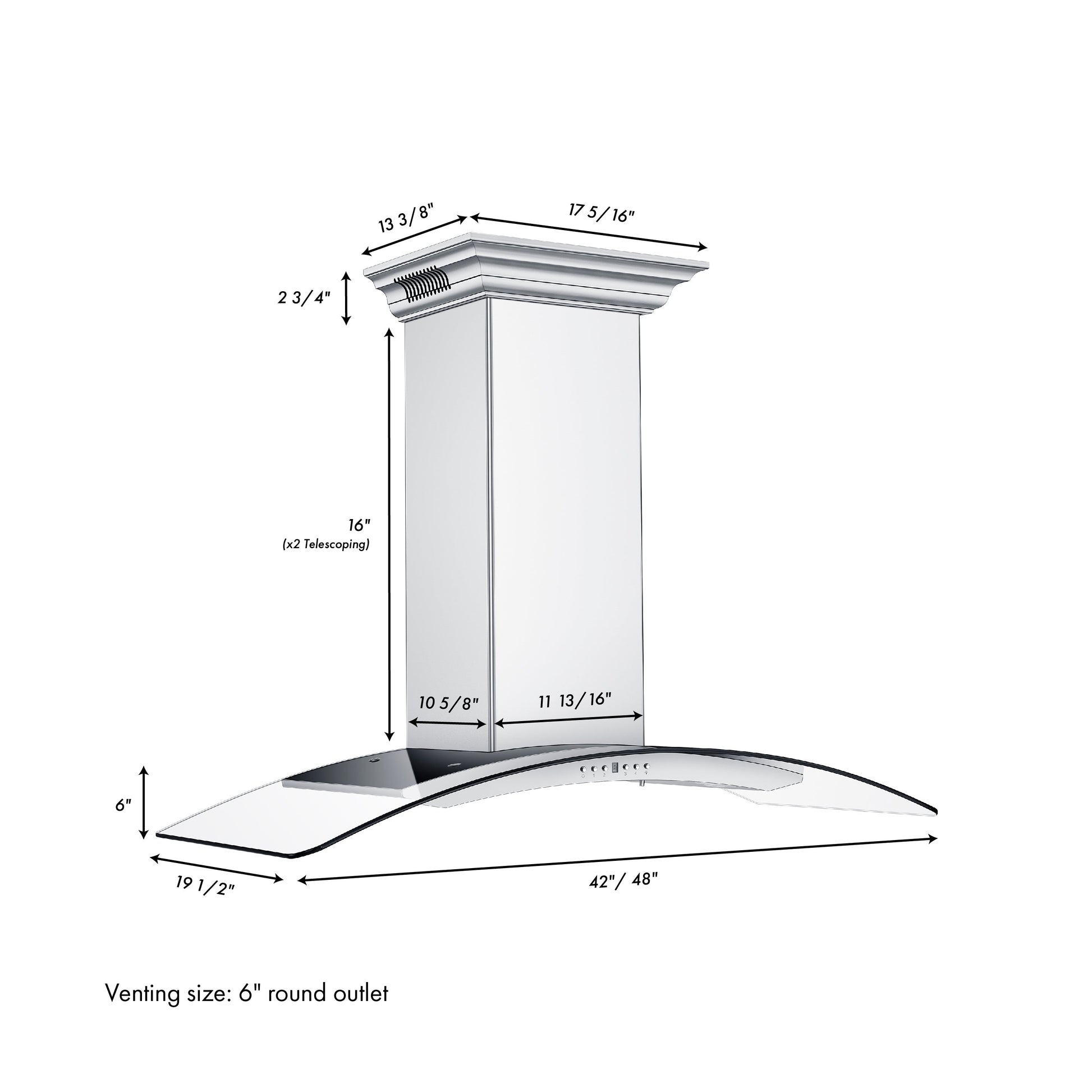 ZLINE Ducted Vent Wall Mount Range Hood in Stainless Steel with Built-in ZLINE CrownSound Bluetooth Speakers (KN4CRN-BT) dimensional diagram with measurements.