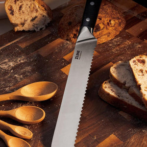 ZLINE Bread Knife on Wood Cutting Board with Freshly Baked Bread