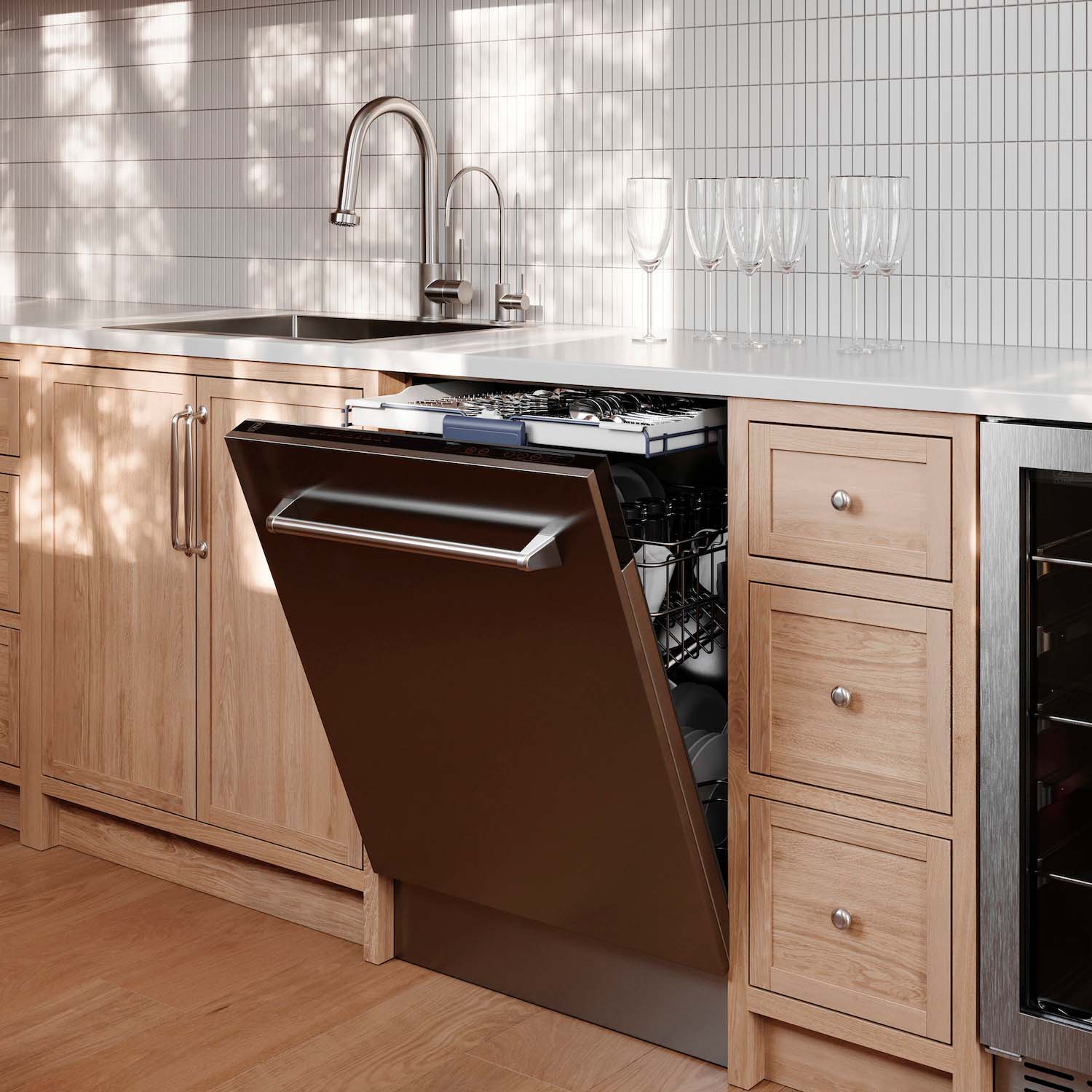 ZLINE built-in dishwasher with stainless steel panel in a luxury kitchen with wood cabinetry and marble countertops.
