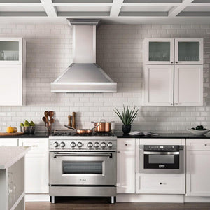 ZLINE 36 in. 4.6 cu. ft. Legacy Dual Fuel Range with Gas Cooktop and Electric Convection Oven in Stainless Steel with 6 Brass Burners (RA-BR-36) in a luxury kitchen with matching appliances.