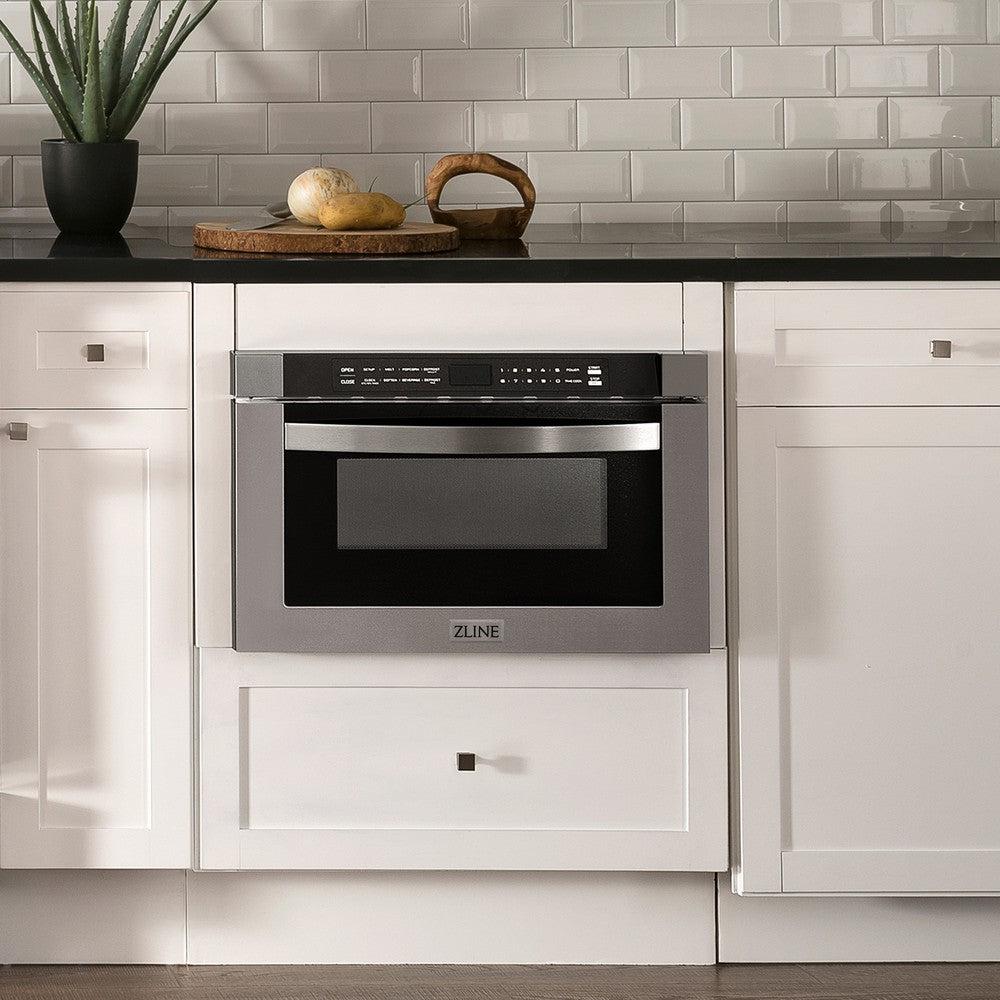 ZLINE 24 in. 1.2 cu. ft. Stainless Steel Built-in Microwave Drawer (MWD-1) in white cabinets.