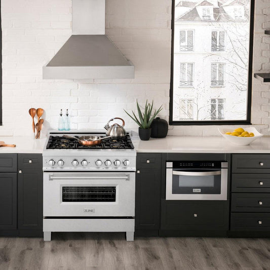 ZLINE 36 in. 4.6 cu. ft. Legacy Dual Fuel Range with Gas Cooktop and Electric Convection Oven in DuraSnow® Stainless Steel with 6 Brass Burners (RAS-SN-BR-36) in a luxury kitchen with matching appliances.