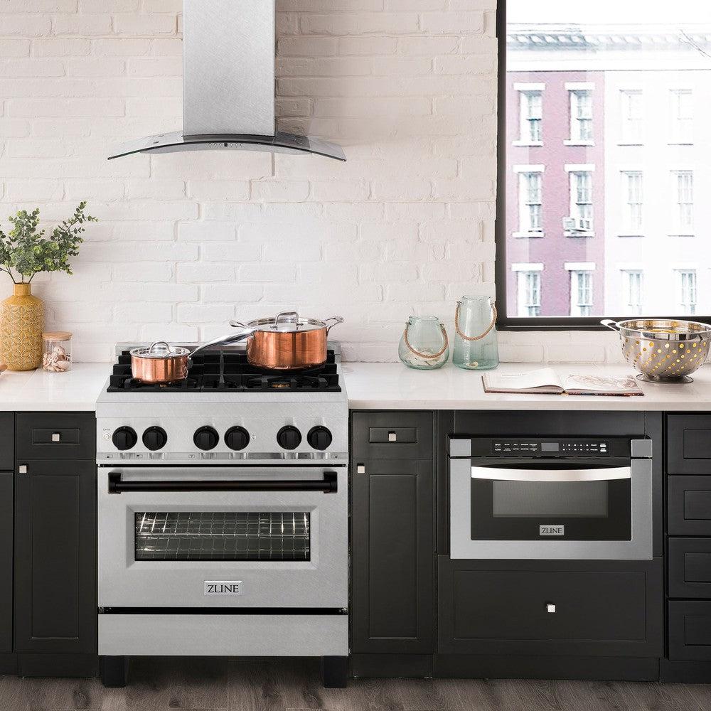 ZLINE Autograph Edition 30 in. 4.0 cu. ft. Legacy Dual Fuel Range with 4 Burner Gas Cooktop and Electric Convection Oven in DuraSnow® Stainless Steel and Matte Black Accents (RASZ-SN-30-MB) in a luxury kitchen with matching appliances.