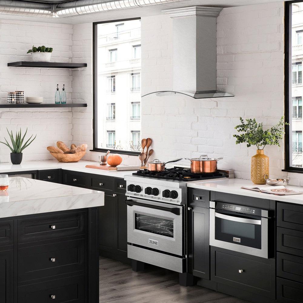 ZLINE Autograph Edition 30 in. 4.0 cu. ft. Legacy Dual Fuel Range with 4 Burner Gas Cooktop and Electric Convection Oven in DuraSnow® Stainless Steel and Matte Black Accents (RASZ-SN-30-MB) in a luxury kitchen with matching appliances.