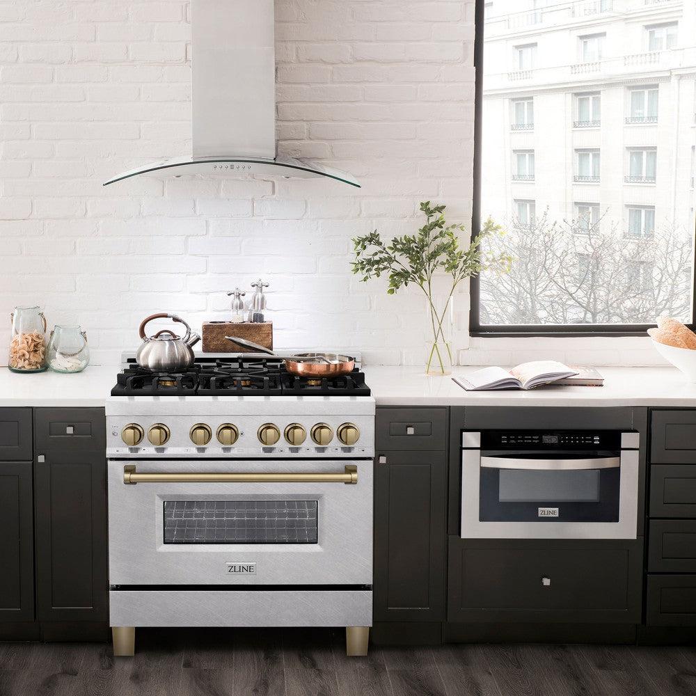 ZLINE Autograph Edition 36 in. 4.6 cu. ft. Legacy Dual Fuel Range with 6 Burner Gas Cooktop and Electric Convection Oven in DuraSnow® Stainless Steel and Champagne Bronze Accents (RASZ-SN-36-CB) in a luxury kitchen with matching appliances.