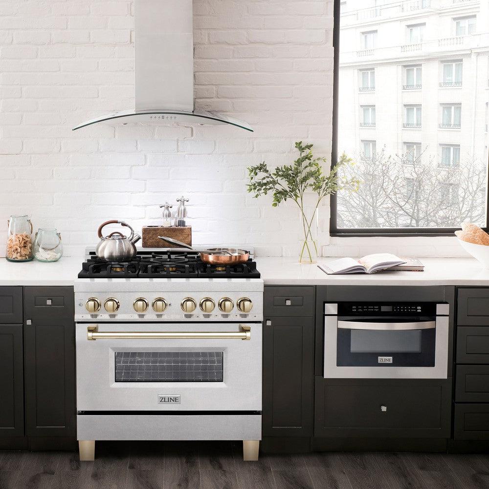 ZLINE Autograph Edition 36 in. 4.6 cu. ft. Legacy Dual Fuel Range with 6 Burner Gas Cooktop and Electric Convection Oven in DuraSnow® Stainless Steel and Polished Gold Accents (RASZ-SN-36-G) in a luxury kitchen with matching appliances.