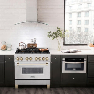 ZLINE Autograph Edition 36 in. 4.6 cu. ft. Legacy Dual Fuel Range with 6 Burner Gas Cooktop and Electric Convection Oven in DuraSnow® Stainless Steel and Polished Gold Accents (RASZ-SN-36-G) in a luxury kitchen with matching appliances.