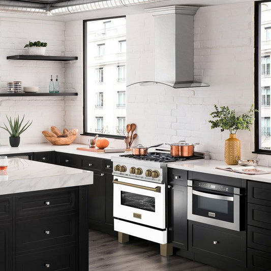 ZLINE Autograph Edition 30 in. 4.0 cu. ft. Legacy Dual Fuel Range with 4 Burner Gas Cooktop and Electric Convection Oven in DuraSnow® Stainless Steel with White Matte Door and Champagne Bronze Accents (RASZ-WM-30-CB) in a luxury kitchen with matching appliances.