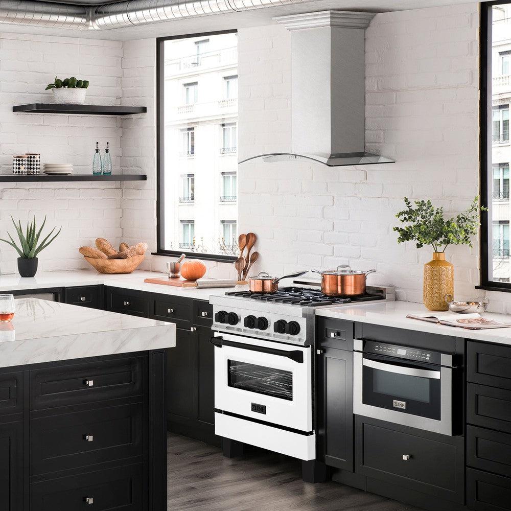 ZLINE Autograph Edition 30 in. 4.0 cu. ft. Legacy Dual Fuel Range with 4 Burner Gas Cooktop and Electric Convection Oven in DuraSnow® Stainless Steel with White Matte Door and Matte Black Accents (RASZ-WM-30-MB) in a luxury kitchen with matching appliances.