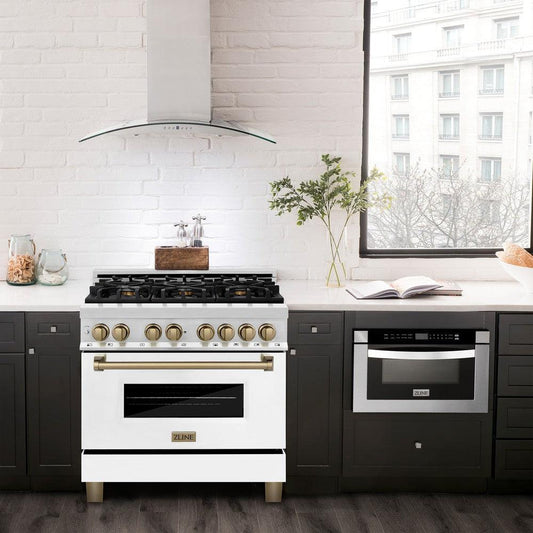 ZLINE Autograph Edition 36 in. 4.6 cu. ft. Legacy Dual Fuel Range with 6 Burner Gas Cooktop and Electric Convection Oven in Stainless Steel with White Matte Door and Champagne Bronze Accents (RAZ-WM-36-CB) in a luxury kitchen with matching appliances.