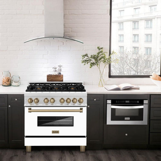 ZLINE Autograph Edition 36 in. 4.6 cu. ft. Legacy Dual Fuel Range with 6 Burner Gas Cooktop and Electric Convection Oven in DuraSnow® Stainless Steel with White Matte Door and Champagne Bronze Accents (RASZ-WM-36-CB) in a luxury kitchen with matching appliances.