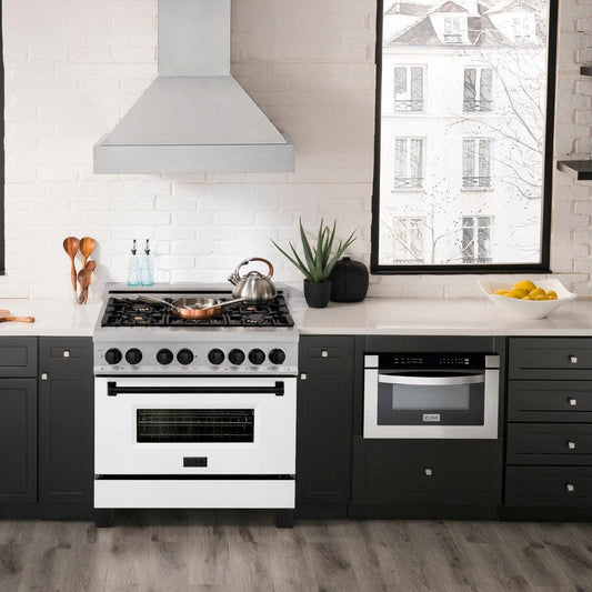 ZLINE Autograph Edition 36 in. 4.6 cu. ft. Legacy Dual Fuel Range with 6 Burner Gas Cooktop and Electric Convection Oven in DuraSnow® Stainless Steel with White Matte Door and Matte Black Accents (RASZ-WM-36-MB) in a luxury kitchen with matching appliances.