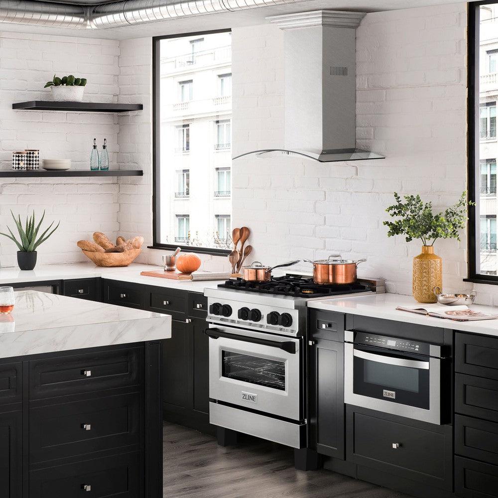 ZLINE Autograph Edition 30 in. 4.0 cu. ft. Legacy Dual Fuel Range with 4 Burner Gas Cooktop and Electric Convection Oven in Stainless Steel and Matte Black Accents (RAZ-30-MB) in a luxury kitchen with matching appliances.