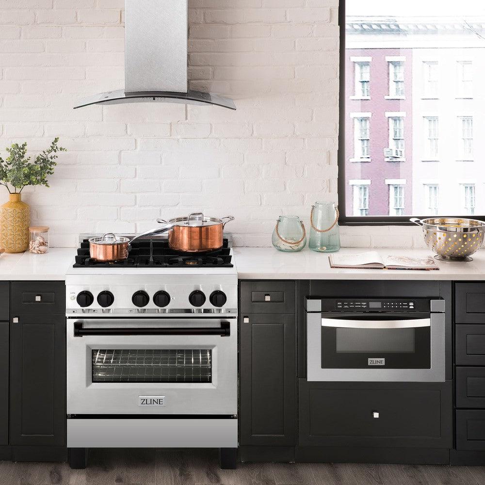 ZLINE Autograph Edition 30 in. 4.0 cu. ft. Legacy Dual Fuel Range with 4 Burner Gas Cooktop and Electric Convection Oven in Stainless Steel and Matte Black Accents (RAZ-30-MB) in a luxury kitchen with matching appliances.