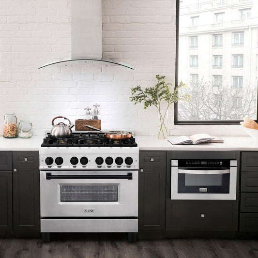 ZLINE Autograph Edition 36 in. 4.6 cu. ft. Legacy Dual Fuel Range with 6 Burner Gas Cooktop and Electric Convection Oven in Stainless Steel and Matte Black Accents (RAZ-36-MB) in a luxury kitchen with matching appliances.