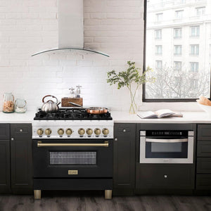 ZLINE Autograph Edition 36 in. 4.6 cu. ft. Legacy Dual Fuel Range with 6 Burner Gas Cooktop and Electric Convection Oven in Stainless Steel with Black Matte Door and Champagne Bronze Accents (RAZ-BLM-36-CB) in a luxury kitchen with matching appliances.