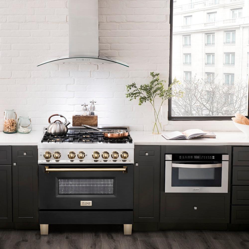 ZLINE Autograph Edition 36 in. 4.6 cu. ft. Legacy Dual Fuel Range with 6 Burner Gas Cooktop and Electric Convection Oven in Stainless Steel with Black Matte Door and Polished Gold Accents (RAZ-BLM-36-G) in a luxury kitchen with matching appliances.