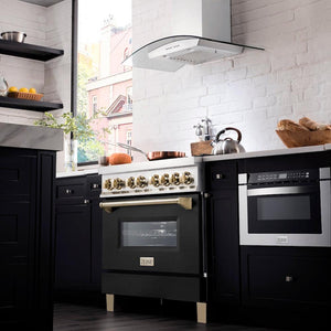 ZLINE Autograph Edition 36 in. 4.6 cu. ft. Legacy Dual Fuel Range with 6 Burner Gas Cooktop and Electric Convection Oven in Stainless Steel with Black Matte Door and Polished Gold Accents (RAZ-BLM-36-G) in a luxury kitchen with matching appliances.