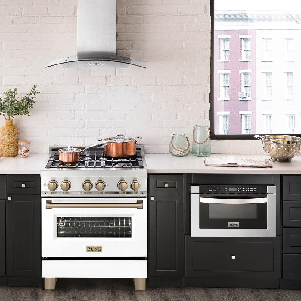 ZLINE Autograph Edition 30 in. 4.0 cu. ft. Legacy Dual Fuel Range with 4 Burner Gas Cooktop and Electric Convection Oven in Stainless Steel with White Matte Door and Champagne Bronze Accents (RAZ-WM-30-CB) in a luxury kitchen with matching appliances.