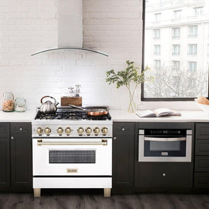 ZLINE Autograph Edition 36 in. 4.6 cu. ft. Legacy Dual Fuel Range with 6 Burner Gas Cooktop and Electric Convection Oven in Stainless Steel with White Matte Door and Polished Gold Accents (RAZ-WM-36-G) in a luxury kitchen with matching appliances.