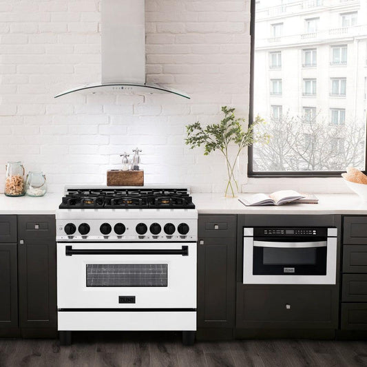 ZLINE Autograph Edition 36 in. 4.6 cu. ft. Legacy Dual Fuel Range with 6 Burner Gas Cooktop and Electric Convection Oven in Stainless Steel with White Matte Door and Matte Black Accents (RAZ-WM-36-MB) in a luxury kitchen with matching appliances.