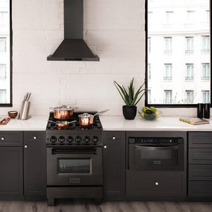 ZLINE 24 in. Dual Fuel Range in Black Stainless Steel with matching Range Hood and Microwave in a Modern Kitchen