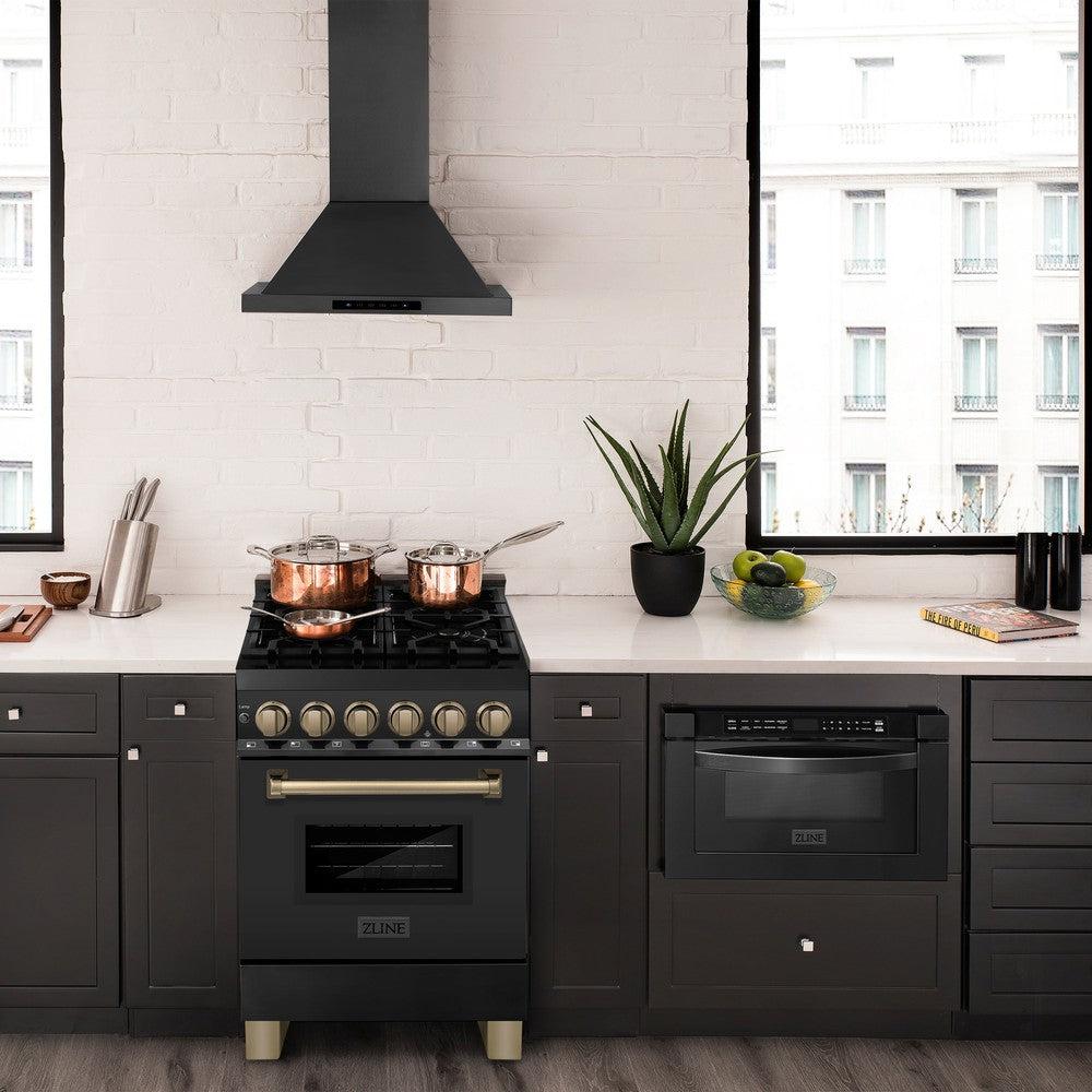 ZLINE Autograph Edition 24 in. 2.8 cu. ft. Legacy Dual Fuel Range with 4 Burner Gas Cooktop and Electric Convection Oven in Black Stainless Steel and Champagne Bronze Accents (RABZ-24-CB) in a luxury kitchen with matching appliances.